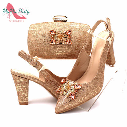 Classics Italian Design Shoes and Bag Set in Orange Color Comfortable Heels Pointed Toe Pumps for Wedding Party