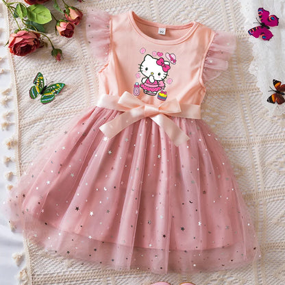 Girls Sequin Tutu Dress with Bow Flutter Sleeves Summer Princess Party Outfit for Toddler Kids 2-6 Years
