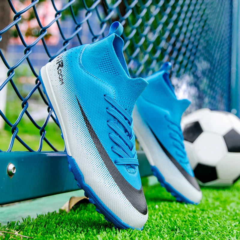 High Top Leather TF Turf Soccer Cleats, Anti-Slip for Grass Training, Men Women Youth Student World Cup Style