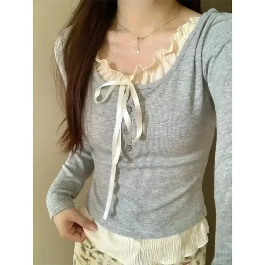 2026 Summer Kawaii Sweet Y2k Crop Tops Woman Casual Slim Long Sleeve Blouse Solid Korean Fashion Bodycon Pullover Office Lady