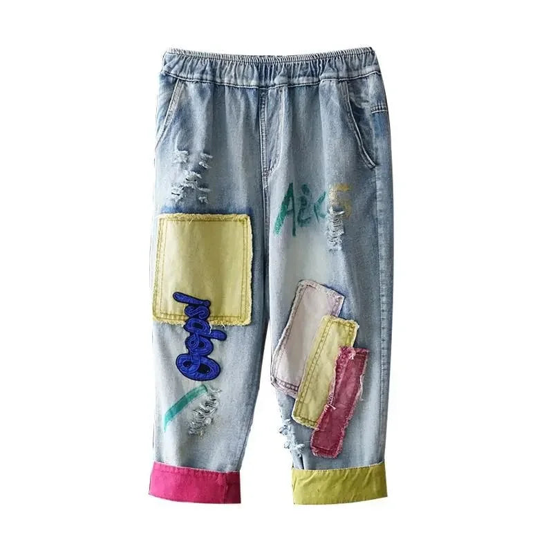 Spring Summer 2025 New Women Denim pants Thin Retro patch Embroidery Elastic waist Hole Contrast Loose Jeans pants Female