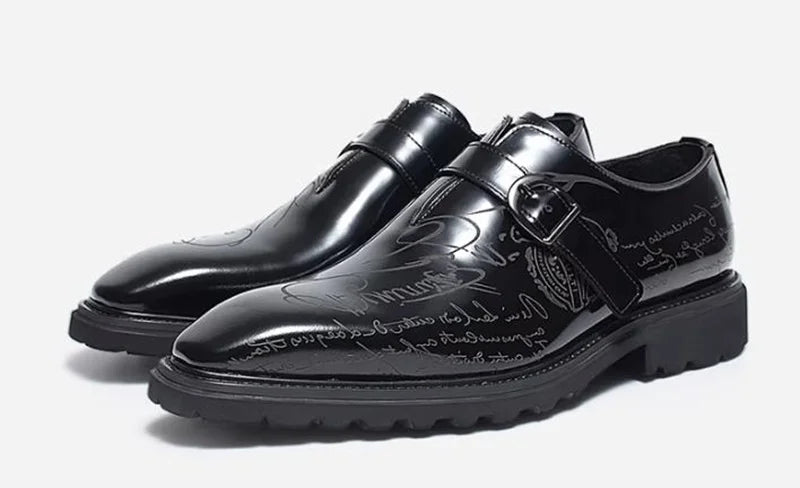 High-end Square-toe Slip-on Buckle Strap Leather Shoes Men Italian Formal Shoes Laser Engraved Letters Design Wedding Shoes Man
