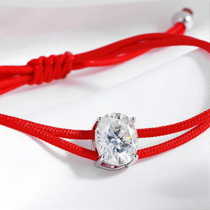 3CT Oval Cut Moissanite Braided Cord Bracelets for Women Men Adjustable Sliding-Knot Dainty Pure S925 Silver Chain D VVS1