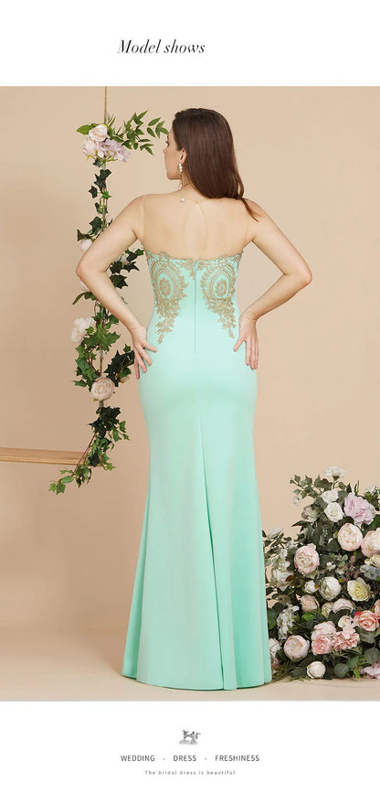 2024 Hot Sale Gold Appqulies Sweetheart Illusion Wedding Guest Gown Elegant Bridesmaid Dresses Maxi Floor Length Mermaid Gowns