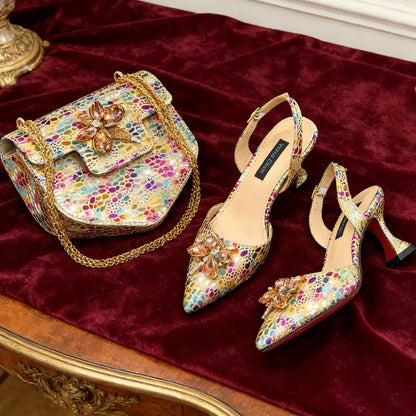 Elegant Rhinestone Heels & Matching Bag Set, Colorful Print Pointed Toe Block Heels for Banquet Club Night