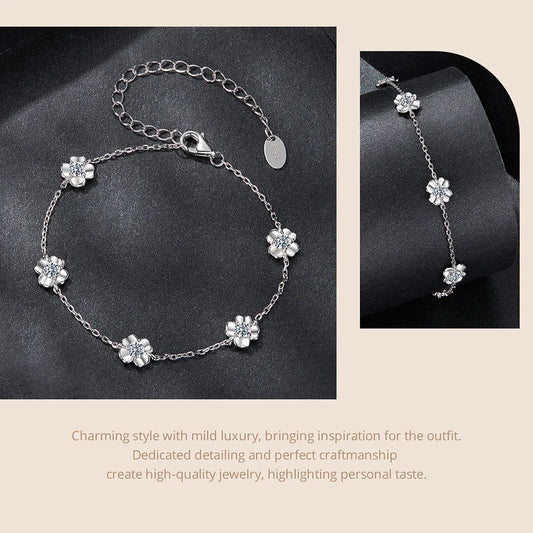 925 Sterling Silver 0.5CT Clover Moissanite Bracelet Flower Chain Link Adjustable for Women Birthday Jewelry Lucky Gift
