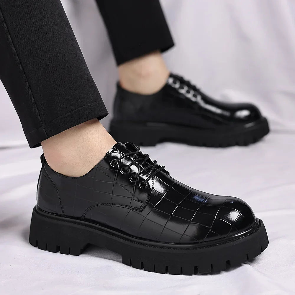 Business Formal Big Head Leather Shoes Men Spring Autumn Fashion Platform Shoes Male Lace Designer Stone Pattern Dress Shoes Man