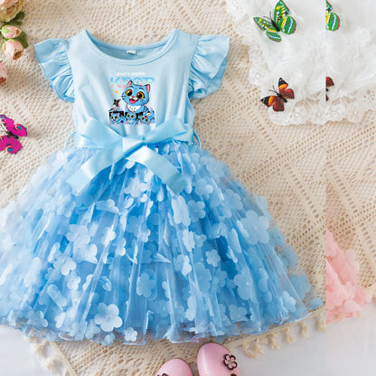 Mira Rumi Girls Summer Dress Cartoon Bow Tutu Dress 3D Butterfly Cotton Party Casual Dress for Baby 2-6 Y