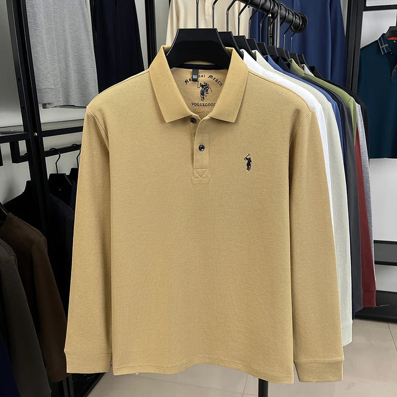 2025 New Cotton Long Sleeved T-shirt for Men, High End Embroidered Little Horse Logo Fashion Autumn/Winter Polo Top