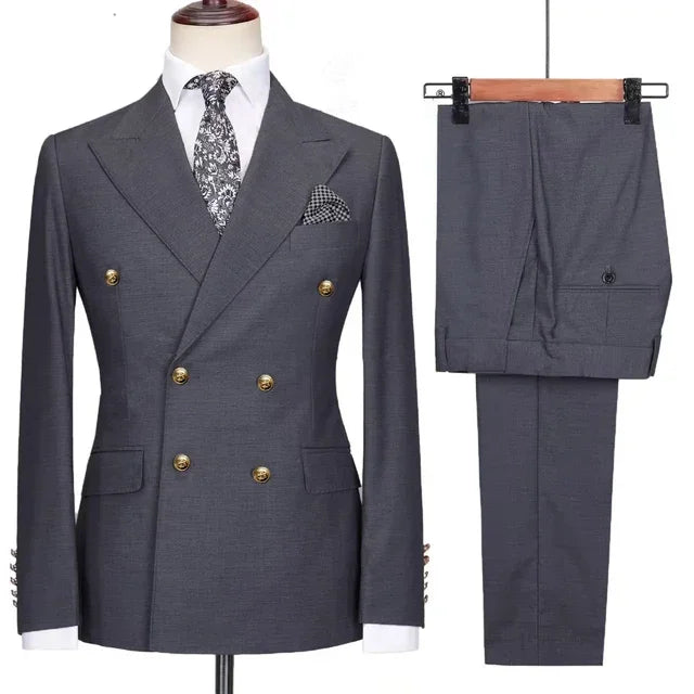 Double Breasted Men Suit Navy Blue High Quality Wedding Costume Party Prom Gold Buttons Groom Suits