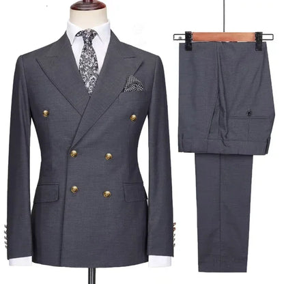 Double Breasted Men Suit Navy Blue High Quality Wedding Costume Party Prom Gold Buttons Groom Suits