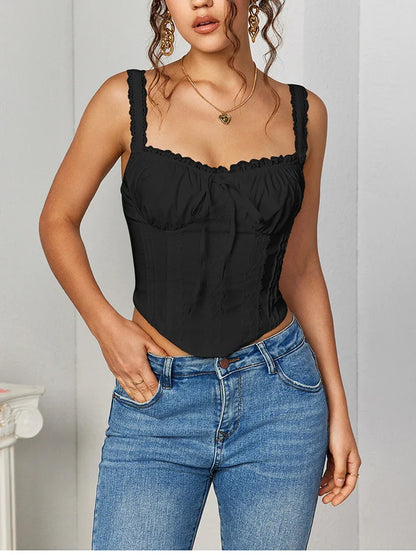 Women's Sleeveless Spaghetti Strap Lace Crop Corset Top Backless Double Layer Fashion Casual Party Cami Bustier Tops