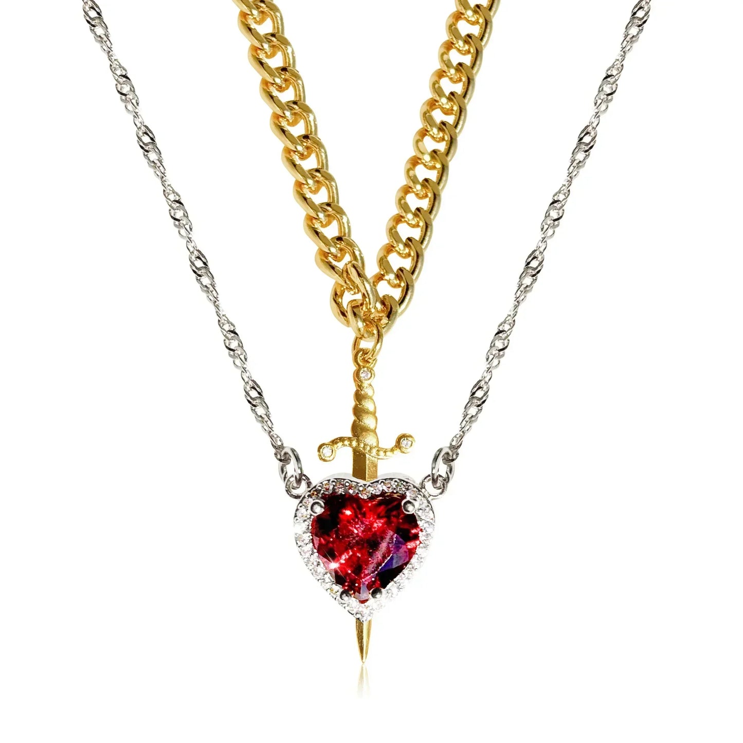 2pcs Can Be Assembled Heart and Sword Zircon Pendant Necklace for Women Men Couple Silver Gold Plated Choker Chain Jewelry