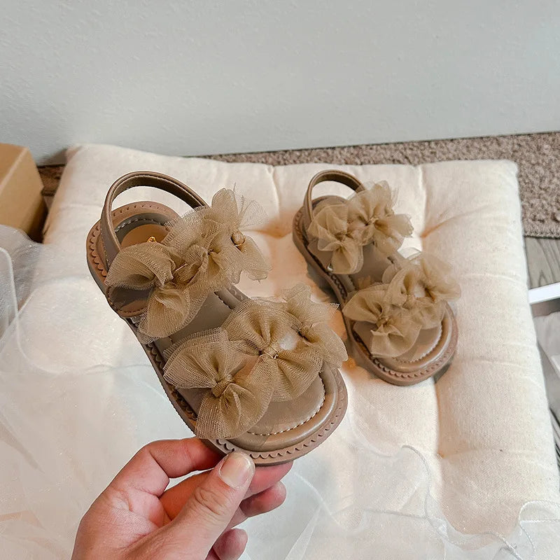 Girls' Sandals 2024 Summer New Fairy Style Princess Sandals with Mesh Bow Kids Versatile Fashion Sweet Beach Shoes for Vacation