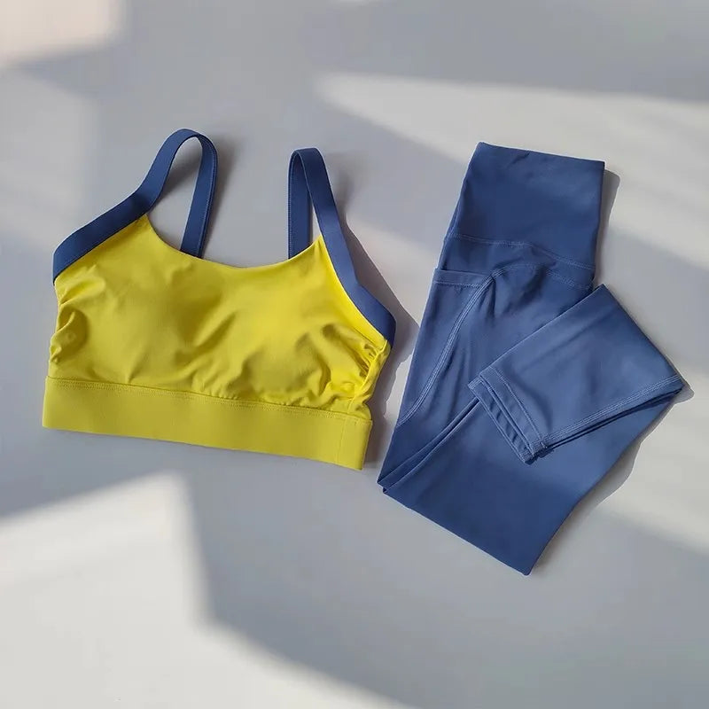 Women's Color-Block Quick-Drying Yoga Fitness Suit Cross-Back Sports Bra High-Waist Hip-Lifting Pants Gym Workout Ensemble
