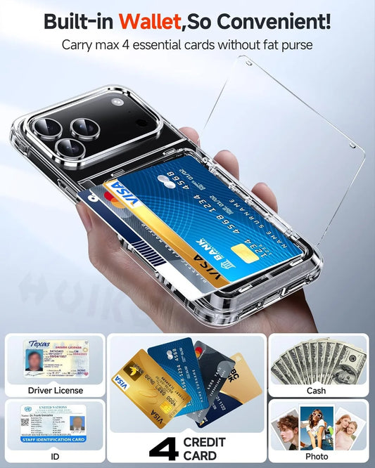 Case For iPhone 17 Pro Max 17 Air 16 Pro Max 15 Pro 15 14 Wallet Card Holder Slide Slot Slim Hard PC Heavy Duty Protective Cover