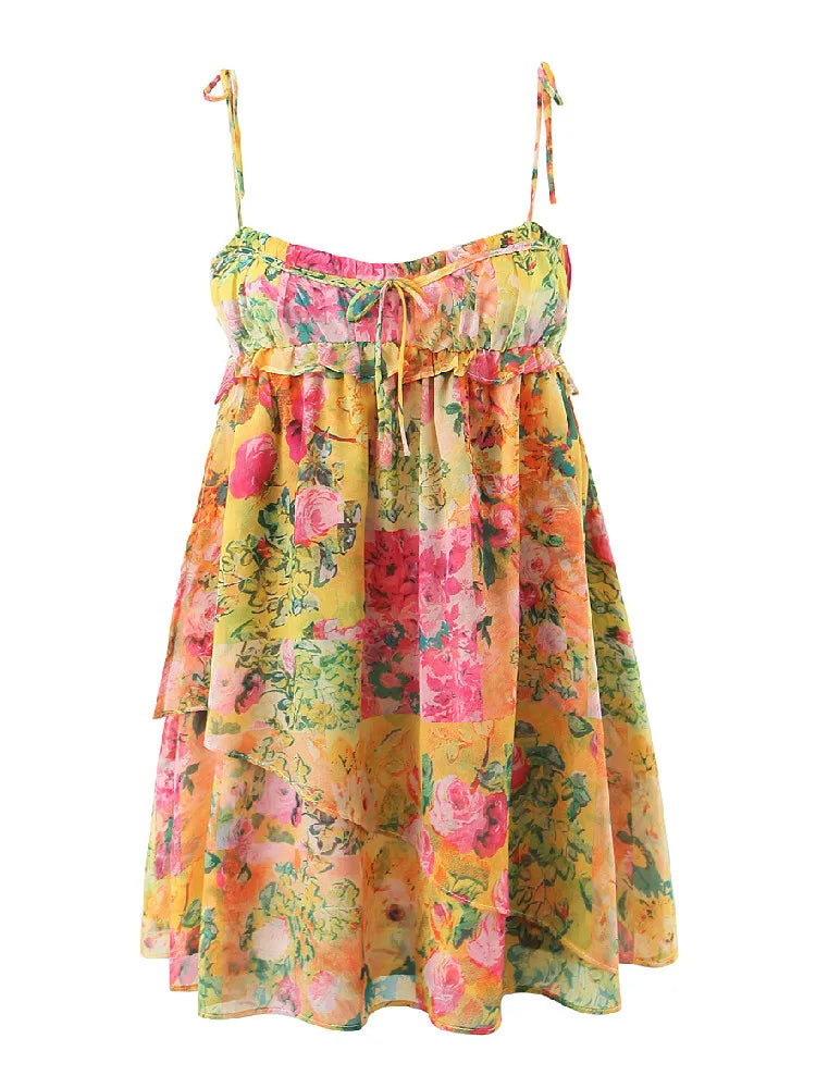Flower Print Spaghetti Strap Mini Dress Women Backless Skater Lacing up Sling Robe Holiday