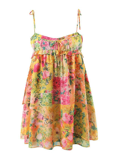 Flower Print Spaghetti Strap Mini Dress Women Backless Skater Lacing up Sling Robe Holiday