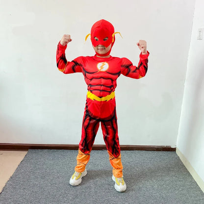 Boy's Deluxe Flash Costume Fancy Dress Up Kids Movie Carnival Party Halloween Flash Cosplay Costumes Mask Belt With Shoes 3-12Y