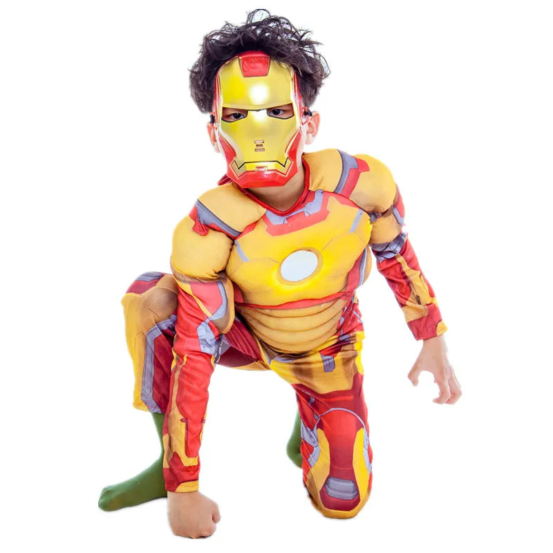 Kids Yellow Iron Man Costume Superhero Muscle Suit with Mask Role Play Costume for Halloween Christmas Party Performance