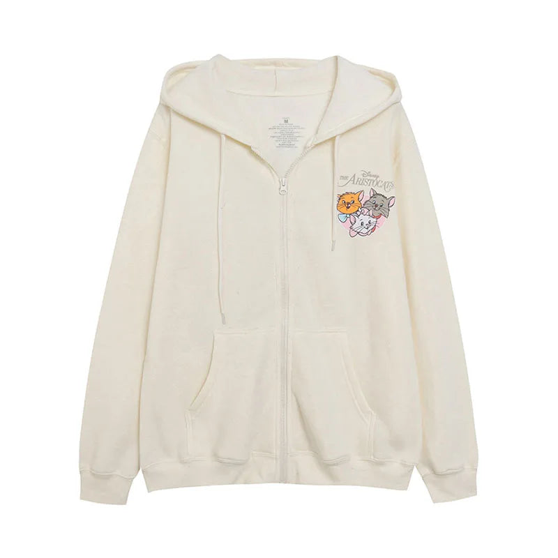 Cute Marie Cat Fleece Hooded Sweatshirt Winnie the Pooh Embroidery Zip Up Hoodies Jacket Women Casual Cartoon Jumper Top