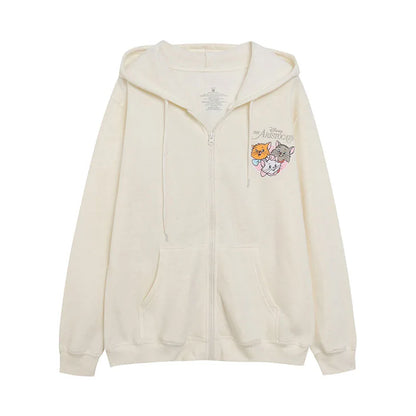 Cute Marie Cat Fleece Hooded Sweatshirt Winnie the Pooh Embroidery Zip Up Hoodies Jacket Women Casual Cartoon Jumper Top