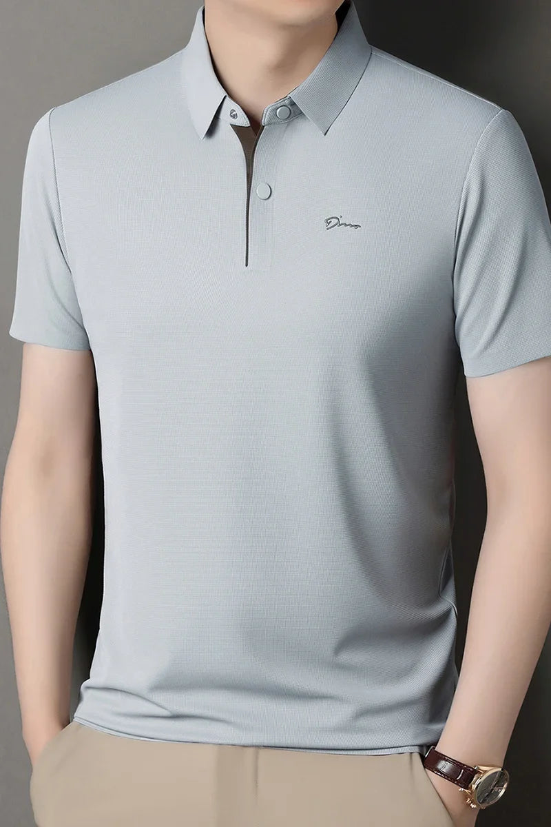 Summer seamless ice silk short sleeved T-shirt, polo shirt, flip collar, casual elastic top, breathable thin half sleeve
