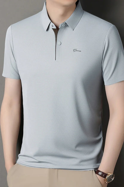 Summer seamless ice silk short sleeved T-shirt, polo shirt, flip collar, casual elastic top, breathable thin half sleeve