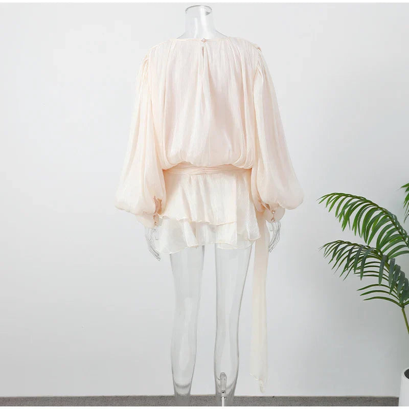 Stunning Shiny Ruffles Lace Up Mini Dress Women's Chic Loose Hollow Out A-line Pleated Vestidos Lady Summer Party Gowns 2025 New