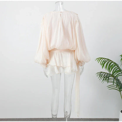 Stunning Shiny Ruffles Lace Up Mini Dress Women's Chic Loose Hollow Out A-line Pleated Vestidos Lady Summer Party Gowns 2025 New