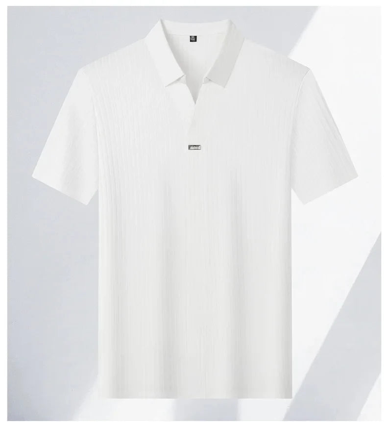 High quality personality texture stripe short sleeve polo shirt summer ice silk breathable buttonless men's solid color T-shirt