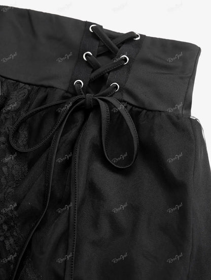 Plus Size Asymmetric A Line Skirt Black Patchwork Floral Lace Overlay Lace-up Ruched Peplum Hem High Low Skirts