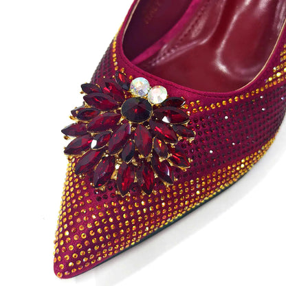 Italian Luxury Rhinestone Wine Pointed Toe High Heels with Matching Bag Set – Ideal for Parties and Special