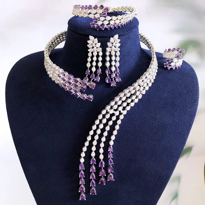 Trendy 4PCS Luxury Turquoise Statement Jewelry Sets For Women Wedding Cubic Zircon Indian African Dubai Bridal Necklace