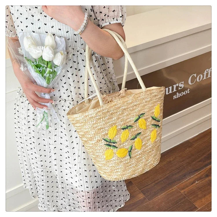 Embroidery Fruit Solid Color Shoulder Bag Straw Woven Hollow Versatile 2025 High Quality Bags for Women New Beach Handbags