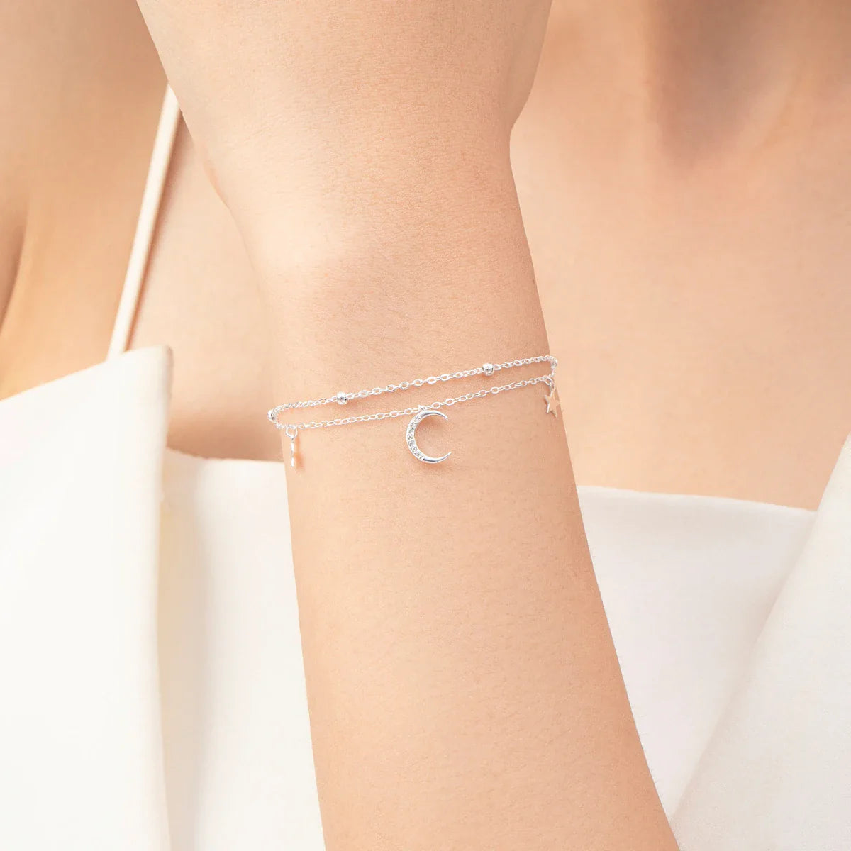 925 Sterling Silver Bead Stars And Moon Bracelets Trendy Double Layer Link Chian For Women Fine Jewelry Birthday Gifts