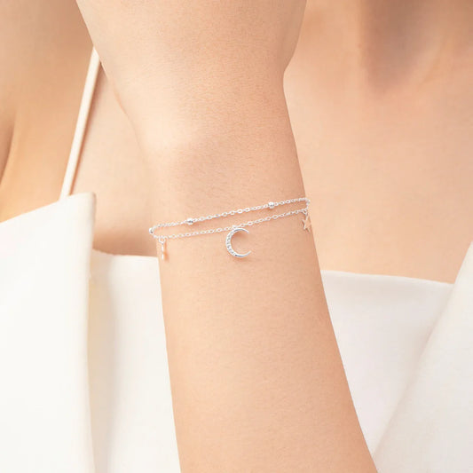 925 Sterling Silver Bead Stars And Moon Bracelets Trendy Double Layer Link Chian For Women Fine Jewelry Birthday Gifts