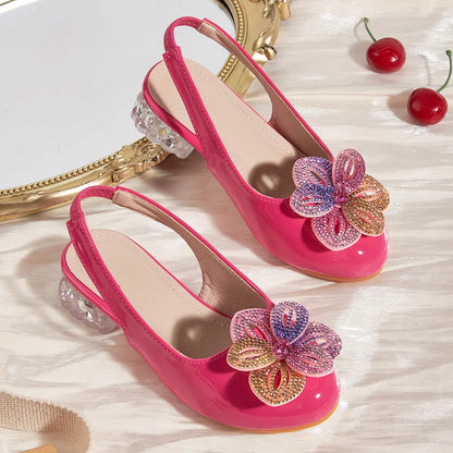 Summer New Children's High Heels Girls' Crystal Princess Shoes Hollow Heel Round Toe Fashion Flower Baby Girls' Sandals Rose Red