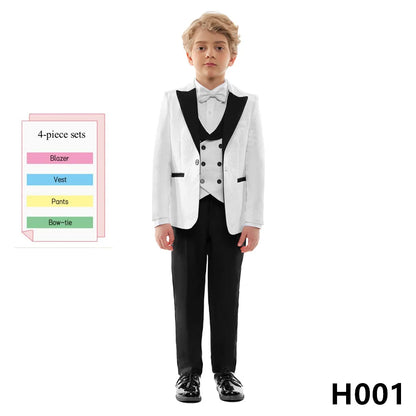 Elegant Textured White and Black Children Formal Suit Flower Boy Tuxedo for Wedding and Birthday Blazer Vest Pants Bow Tie