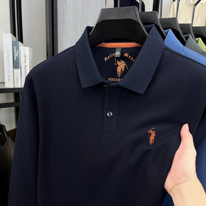 2025 New Cotton Long Sleeved T-shirt for Men, High End Embroidered Little Horse Logo Fashion Autumn/Winter Polo Top