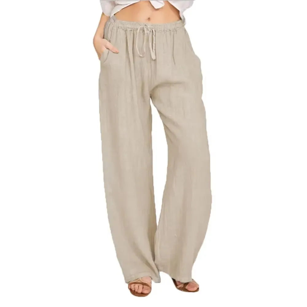 Summer Autumn Women Fashion Cotton Linen Pants Elastic Waist Loose Straight Pants Female Casual Solid Color Versatile Trousers