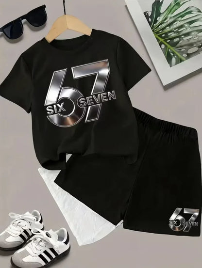 2026 New Cool 67 Funny Printed Kids T-Shirt Shorts Sports Set Fashion Children's Clothes Casual Boy Girl Short Sleeve Shorts Set
