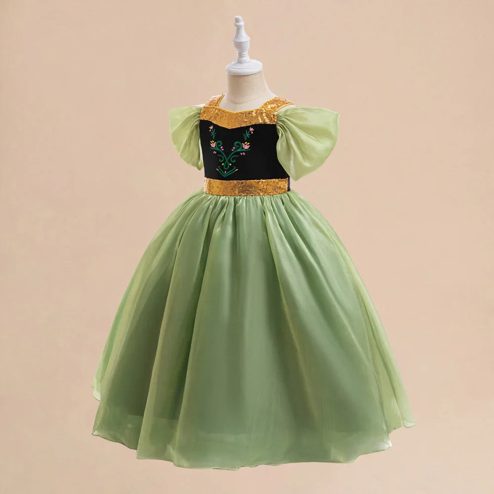 Girl Green Anna Princess Gown Kids Flower Embroidery Party Dress Girls Summer Daily Holiday Clothes Children Fashion Costumes