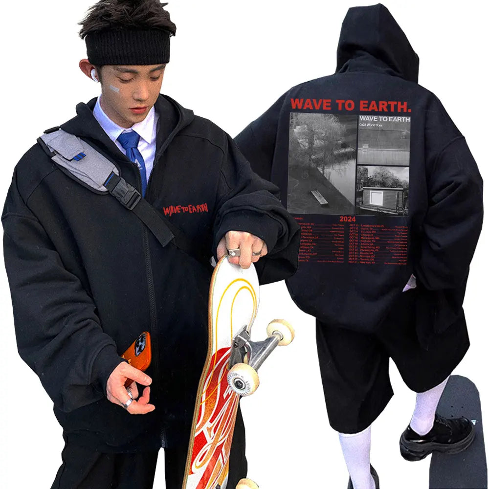 Korean Band Wave To Earth Print Zipper Hoodie Men's Casual Oversized Zip Up Jacket Men Women Hip Hop Fashion Y2k Zip Up Hoodies