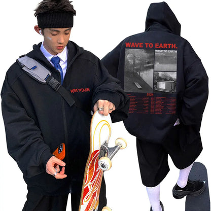 Korean Band Wave To Earth Print Zipper Hoodie Men's Casual Oversized Zip Up Jacket Men Women Hip Hop Fashion Y2k Zip Up Hoodies