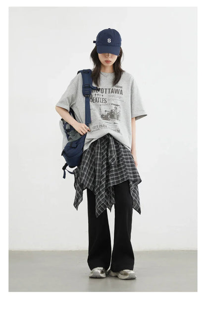 Women Skirts A Line Elastic Waist Strap Ties Irregular Plaid Half Length Skirt Female Short Skirt Woman Summer 2025
