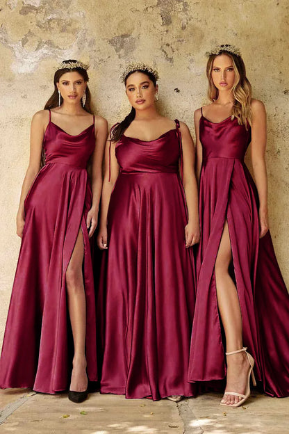 Vestido de Madrinha em Cetim, Estilo Evasê, Fenda, Decote Drapeado, 3 Estilos, com Amarrações, para Eventos Especiais, Vestido de Noite, Vestido de Formatura