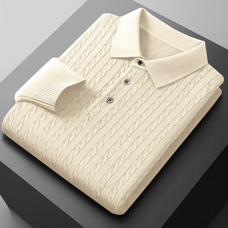 Men's Knitted Polo Shirts Button Cable Pullover Sweater V-neck Long Sleeve Outerwear Warm Heavyweight Solid Jumper