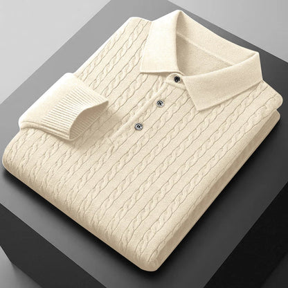 Men's Knitted Polo Shirts Button Cable Pullover Sweater V-neck Long Sleeve Outerwear Warm Heavyweight Solid Jumper