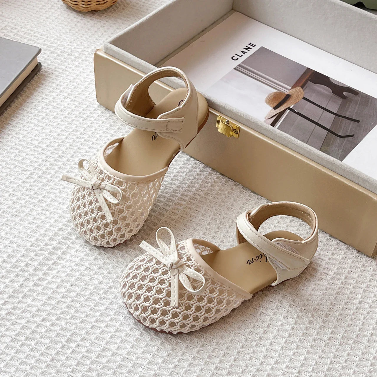 Girl's Sandals Breath-mesh Braided Adorable Summer Kids Sliders Bowtie Beige Sliver Round Toe All-match Childern Shoes 23-33